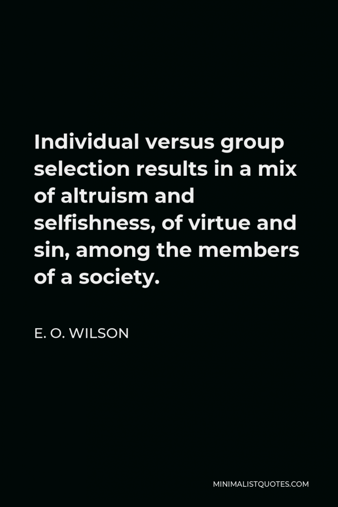 E. O. Wilson Quote - Individual versus group selection results in a mix of altruism and selfishness, of virtue and sin, among the members of a society.