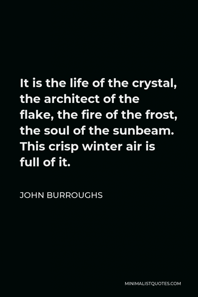 John Burroughs Quote - It is the life of the crystal, the architect of the flake, the fire of the frost, the soul of the sunbeam. This crisp winter air is full of it.