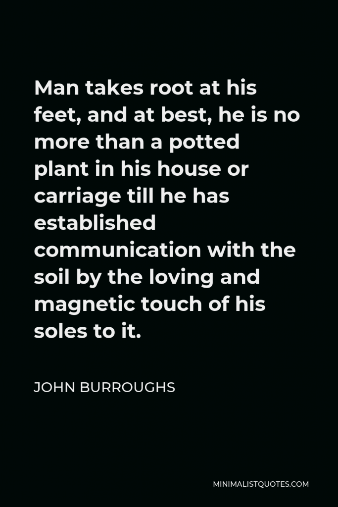 John Burroughs Quote - Man takes root at his feet, and at best, he is no more than a potted plant in his house or carriage till he has established communication with the soil by the loving and magnetic touch of his soles to it.