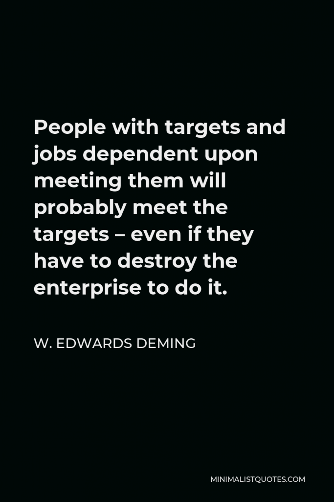 W. Edwards Deming Quote - People with targets and jobs dependent upon meeting them will probably meet the targets – even if they have to destroy the enterprise to do it.