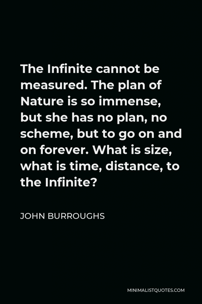 John Burroughs Quote - The Infinite cannot be measured. The plan of Nature is so immense, but she has no plan, no scheme, but to go on and on forever. What is size, what is time, distance, to the Infinite?