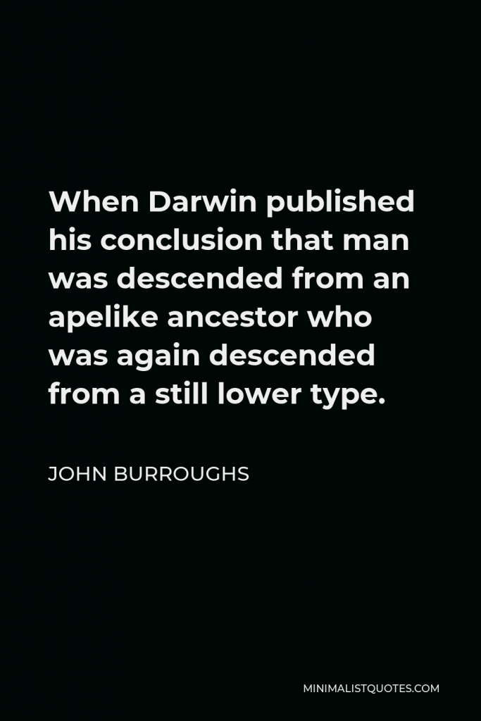 John Burroughs Quote - When Darwin published his conclusion that man was descended from an apelike ancestor who was again descended from a still lower type.