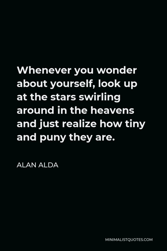 Alan Alda Quote - Whenever you wonder about yourself, look up at the stars swirling around in the heavens and just realize how tiny and puny they are.