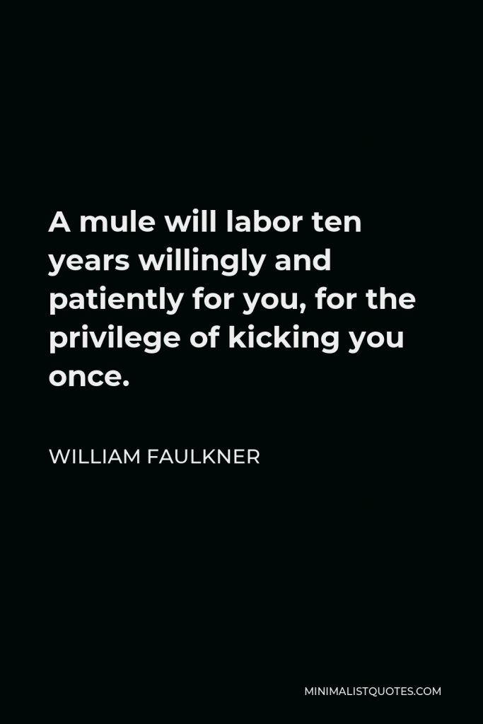 William Faulkner Quote - A mule will labor ten years willingly and patiently for you, for the privilege of kicking you once.