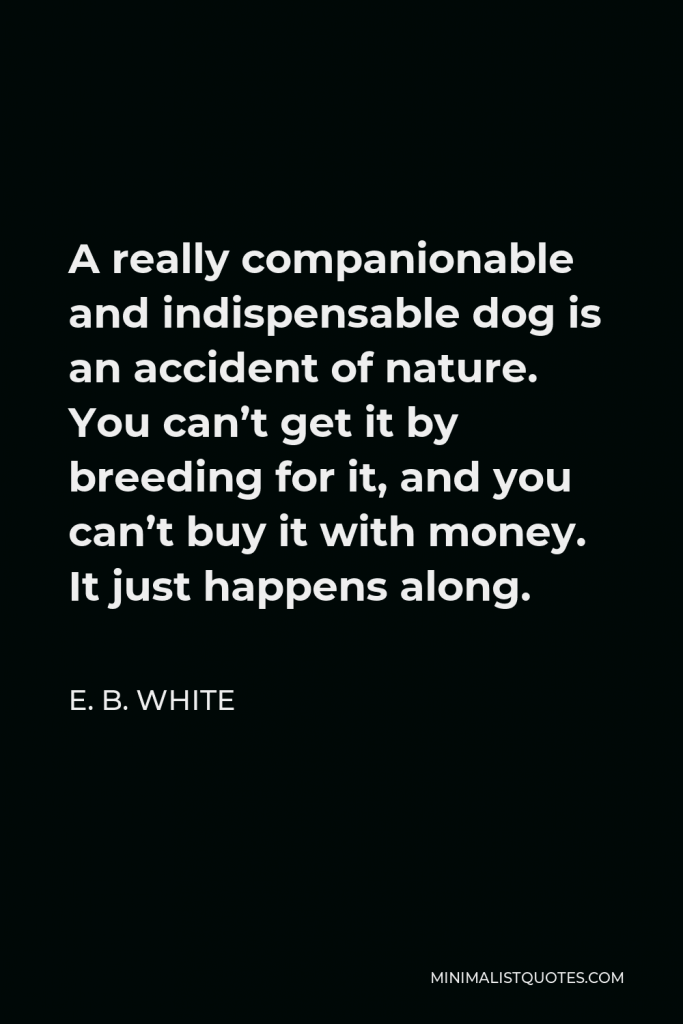 E. B. White Quote - A really companionable and indispensable dog is an accident of nature. You can’t get it by breeding for it, and you can’t buy it with money. It just happens along.