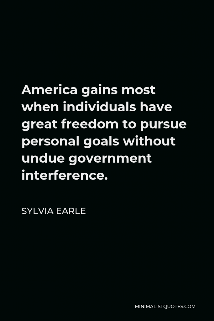 Sylvia Earle Quote - America gains most when individuals have great freedom to pursue personal goals without undue government interference.