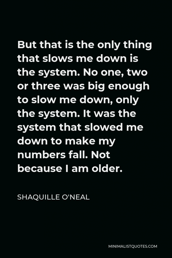 Shaquille O'Neal Quote - But that is the only thing that slows me down is the system. No one, two or three was big enough to slow me down, only the system. It was the system that slowed me down to make my numbers fall. Not because I am older.