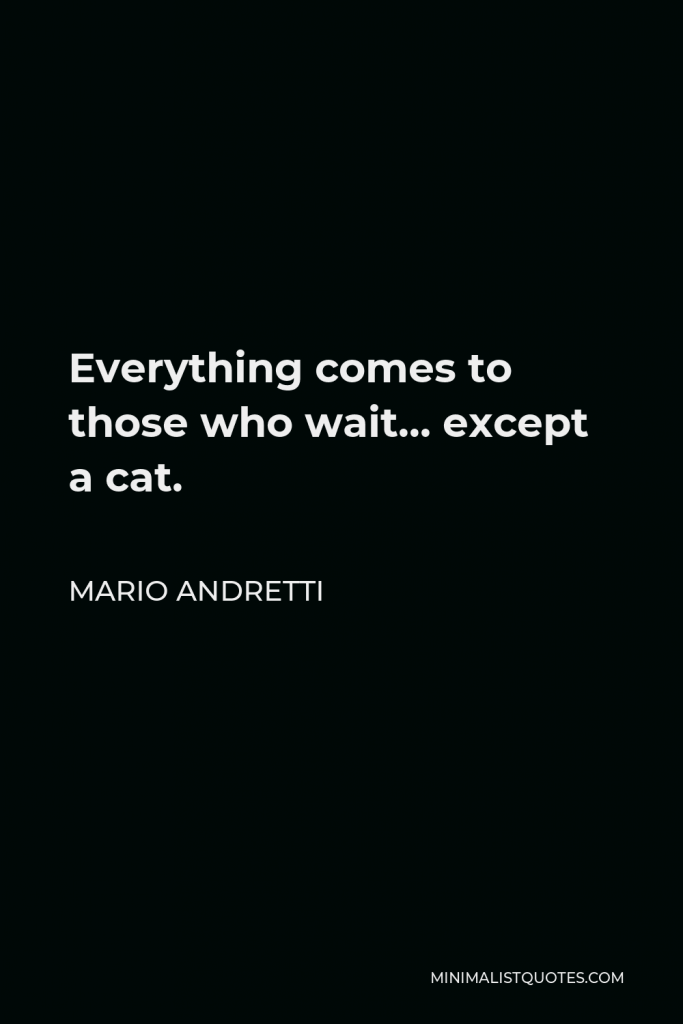 Mario Andretti Quote - Everything comes to those who wait… except a cat.