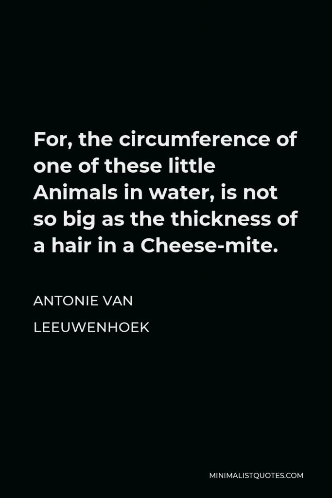Antonie van Leeuwenhoek Quote - For, the circumference of one of these little Animals in water, is not so big as the thickness of a hair in a Cheese-mite.