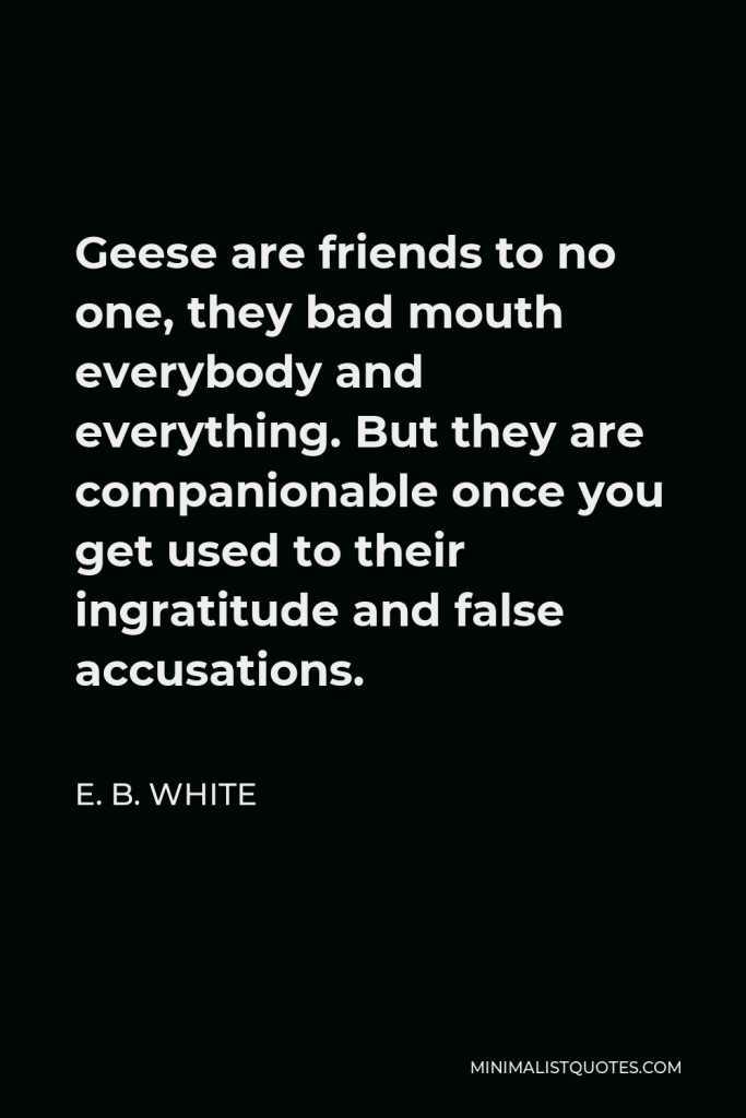 E. B. White Quote - Geese are friends to no one, they bad mouth everybody and everything. But they are companionable once you get used to their ingratitude and false accusations.