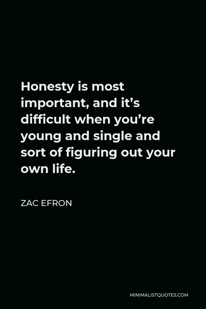 Zac Efron Quote - Honesty is most important, and it’s difficult when you’re young and single and sort of figuring out your own life.