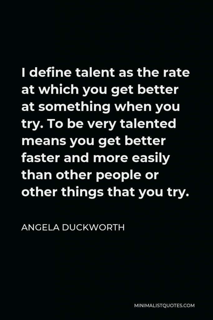 Angela Duckworth Quote - I define talent as the rate at which you get better at something when you try. To be very talented means you get better faster and more easily than other people or other things that you try.