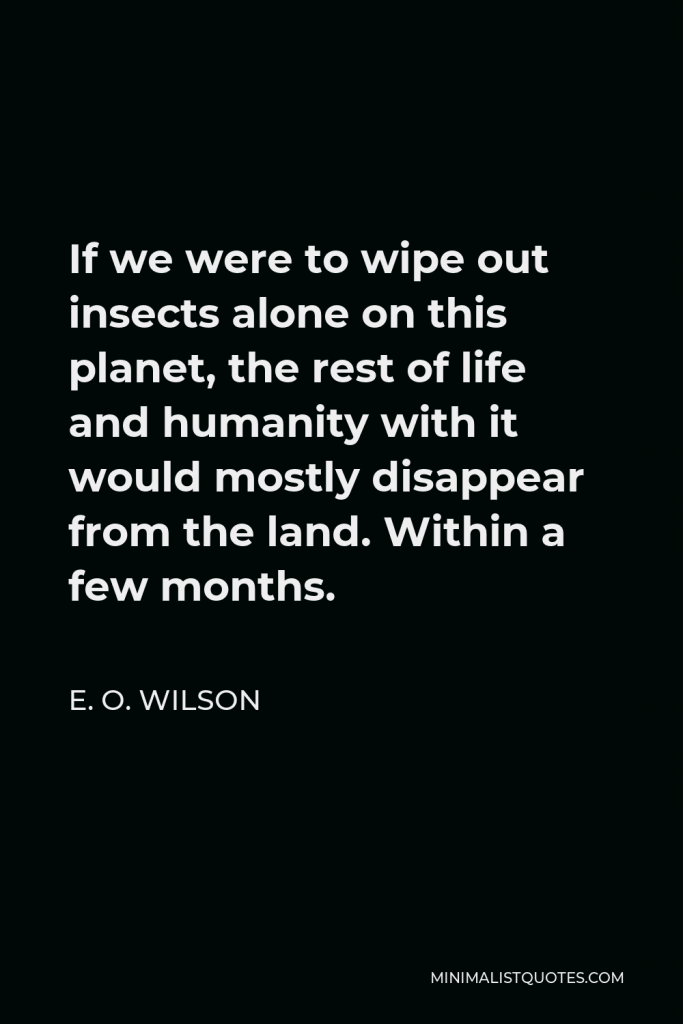 E. O. Wilson Quote - If we were to wipe out insects alone on this planet, the rest of life and humanity with it would mostly disappear from the land. Within a few months.