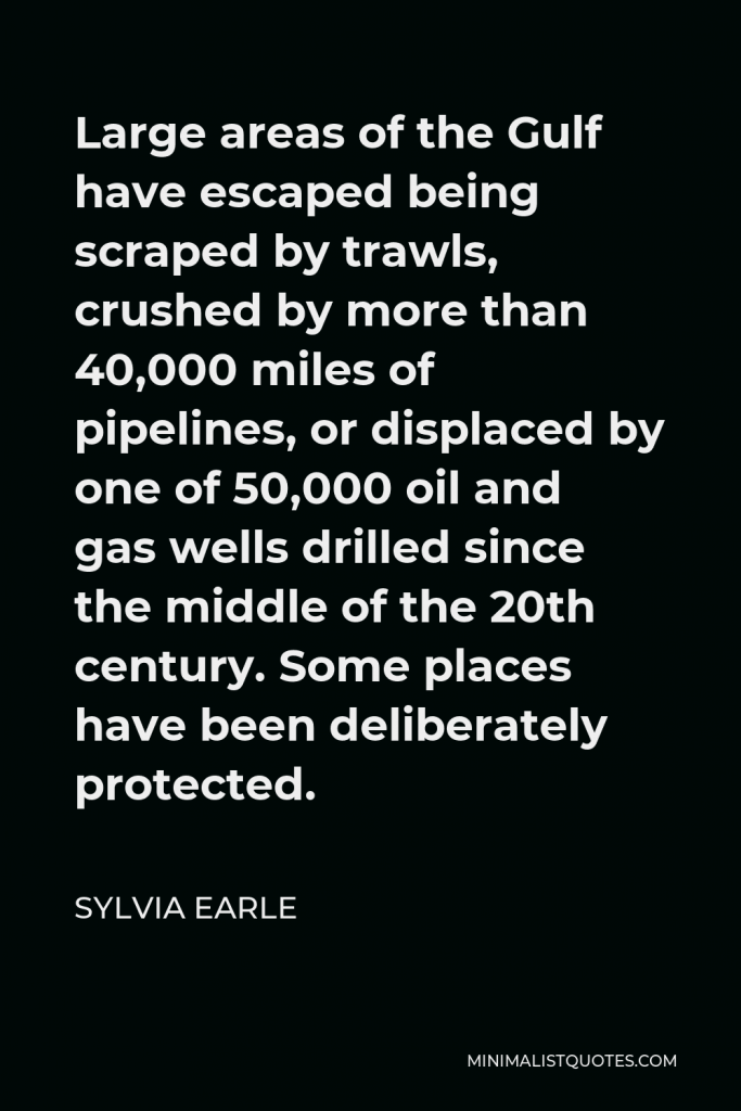 Sylvia Earle Quote - Large areas of the Gulf have escaped being scraped by trawls, crushed by more than 40,000 miles of pipelines, or displaced by one of 50,000 oil and gas wells drilled since the middle of the 20th century. Some places have been deliberately protected.