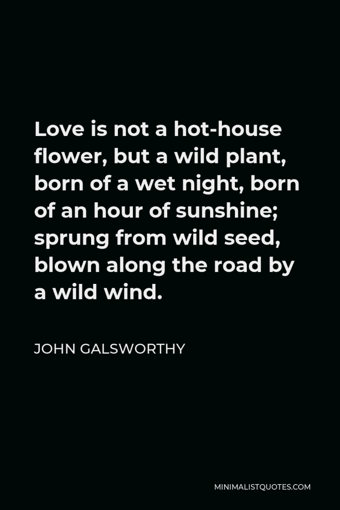 John Galsworthy Quote - Love is not a hot-house flower, but a wild plant, born of a wet night, born of an hour of sunshine; sprung from wild seed, blown along the road by a wild wind.