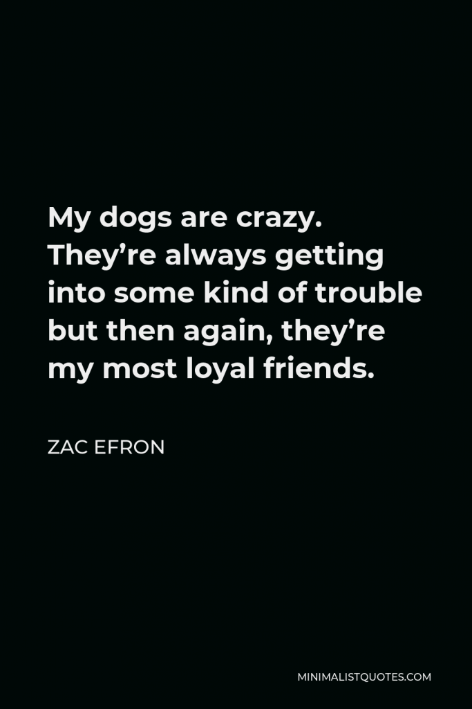 Zac Efron Quote - My dogs are crazy. They’re always getting into some kind of trouble but then again, they’re my most loyal friends.