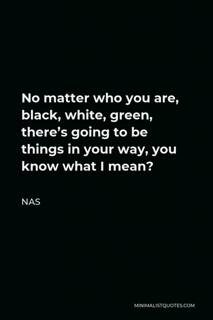 Nas Quote - No matter who you are, black, white, green, there’s going to be things in your way, you know what I mean?
