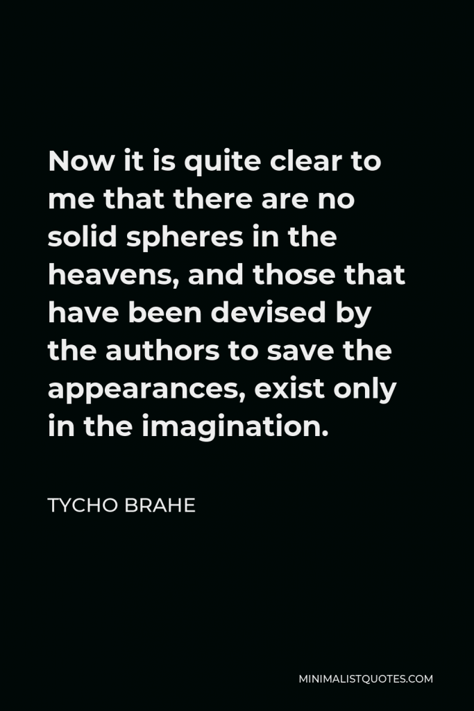 Tycho Brahe Quote - Now it is quite clear to me that there are no solid spheres in the heavens, and those that have been devised by the authors to save the appearances, exist only in the imagination.
