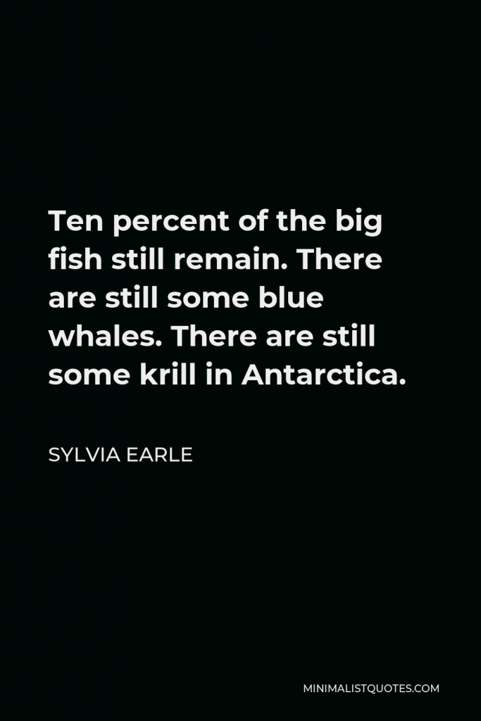 Sylvia Earle Quote - Ten percent of the big fish still remain. There are still some blue whales. There are still some krill in Antarctica.