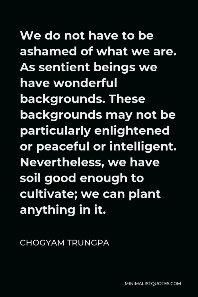 Chogyam Trungpa Quote - We do not have to be ashamed of what we are. As sentient beings we have wonderful backgrounds. These backgrounds may not be particularly enlightened or peaceful or intelligent. Nevertheless, we have soil good enough to cultivate; we can plant anything in it.