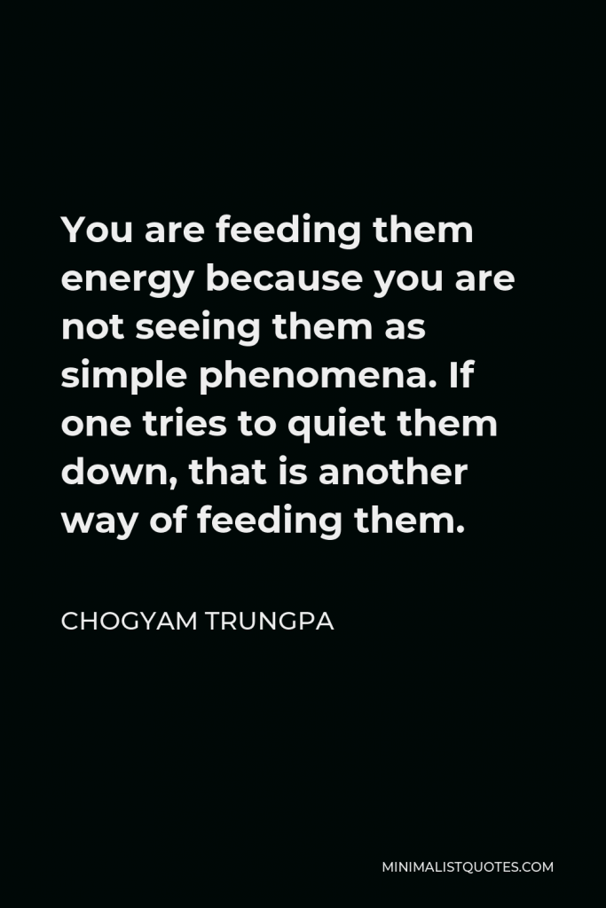 Chogyam Trungpa Quote - You are feeding them energy because you are not seeing them as simple phenomena. If one tries to quiet them down, that is another way of feeding them.