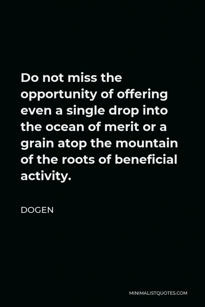 Dogen Quote - Do not miss the opportunity of offering even a single drop into the ocean of merit or a grain atop the mountain of the roots of beneficial activity.