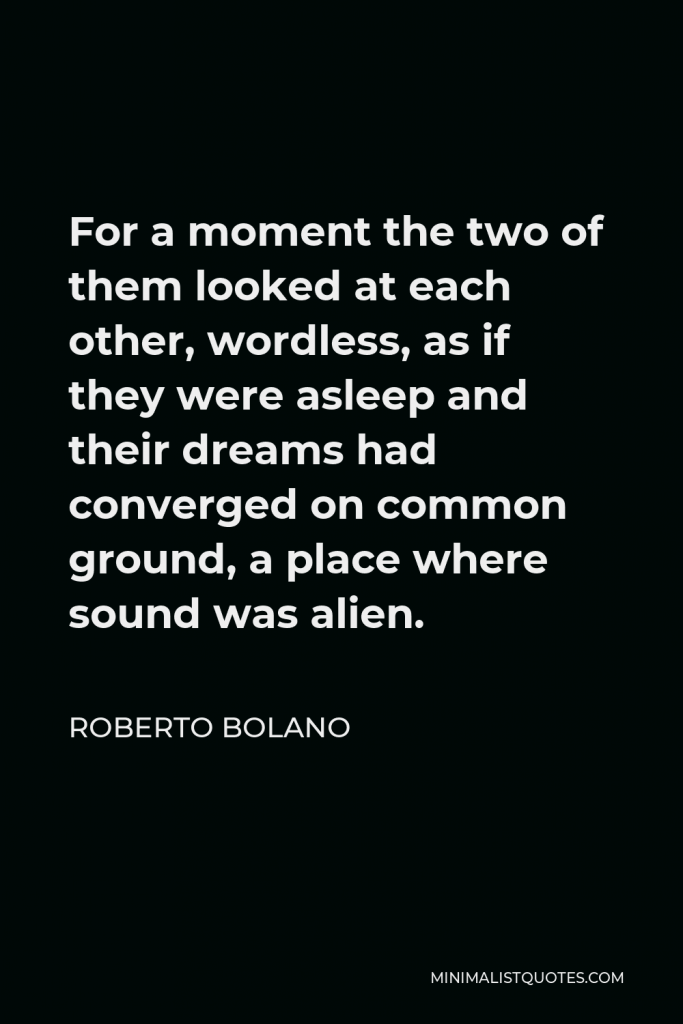 Roberto Bolano Quote - For a moment the two of them looked at each other, wordless, as if they were asleep and their dreams had converged on common ground, a place where sound was alien.