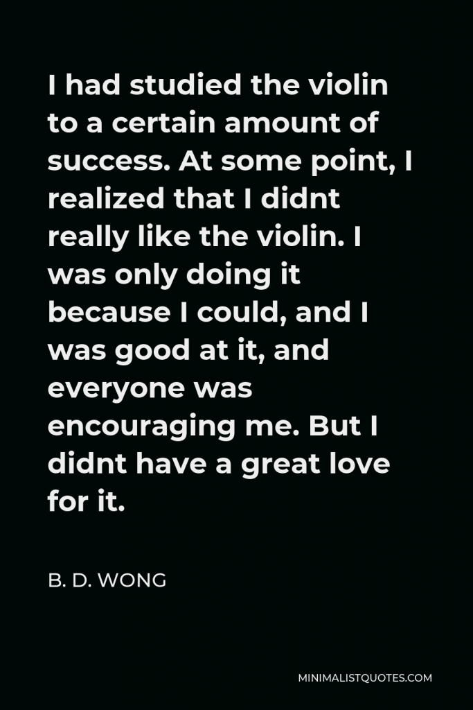 B. D. Wong Quote - I had studied the violin to a certain amount of success. At some point, I realized that I didnt really like the violin. I was only doing it because I could, and I was good at it, and everyone was encouraging me. But I didnt have a great love for it.