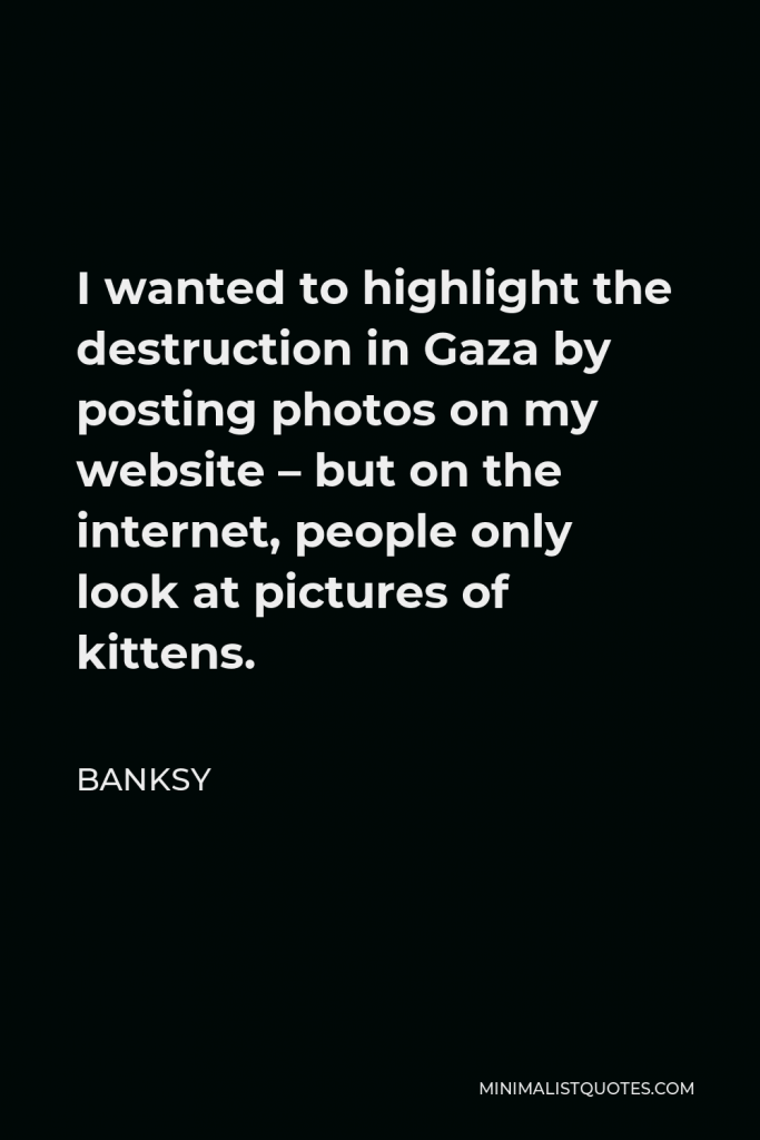 Banksy Quote - I wanted to highlight the destruction in Gaza by posting photos on my website – but on the internet, people only look at pictures of kittens.