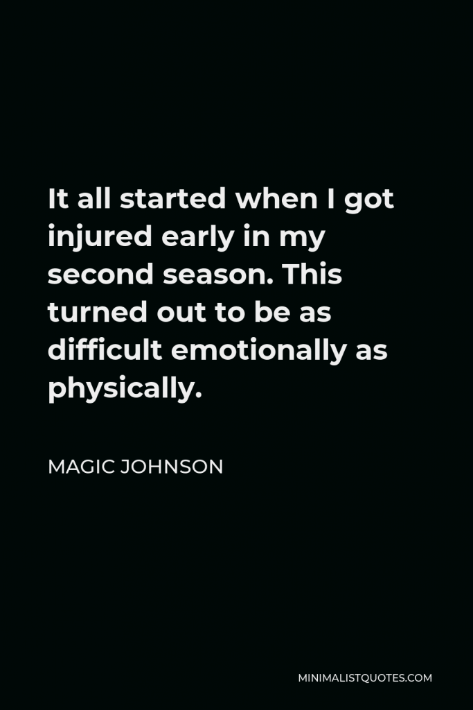 Magic Johnson Quote - It all started when I got injured early in my second season. This turned out to be as difficult emotionally as physically.
