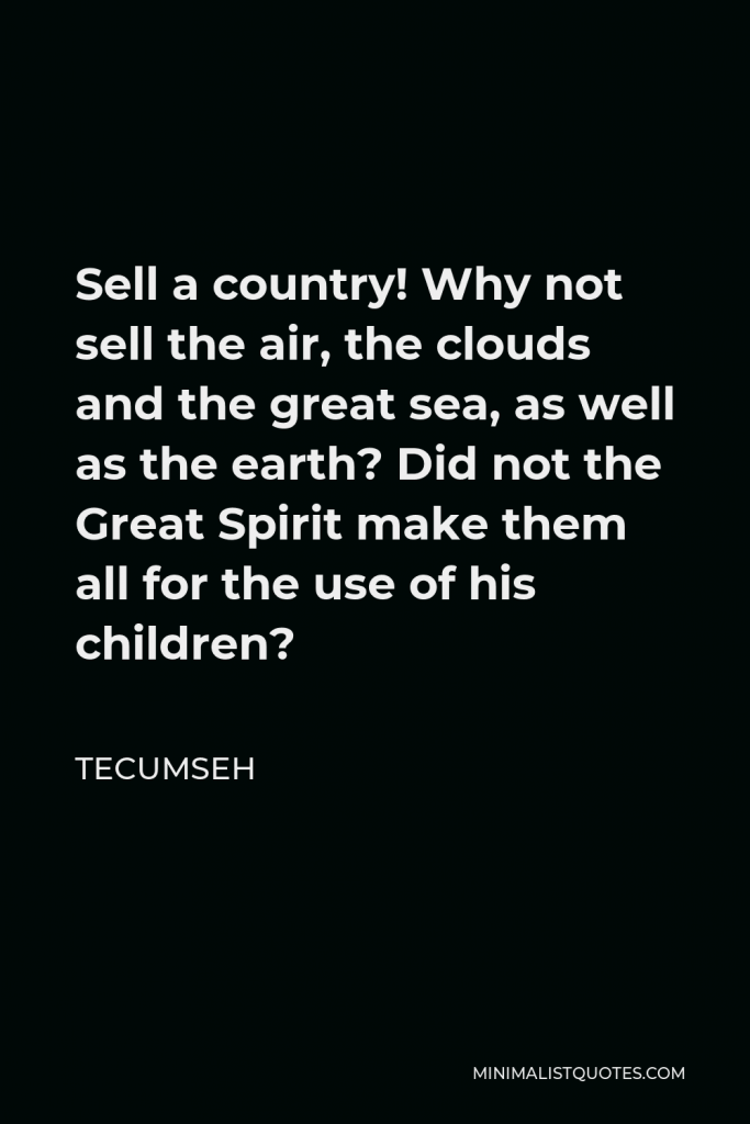 Tecumseh Quote - Sell a country! Why not sell the air, the clouds and the great sea, as well as the earth? Did not the Great Spirit make them all for the use of his children?