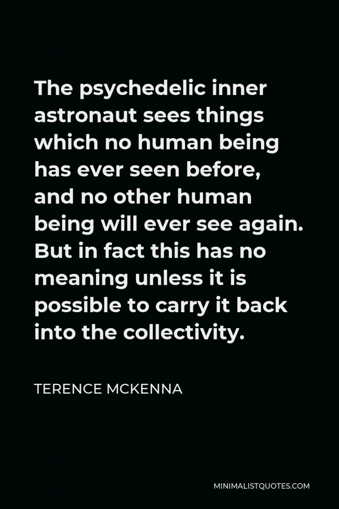 Terence McKenna Quote - The psychedelic inner astronaut sees things which no human being has ever seen before, and no other human being will ever see again. But in fact this has no meaning unless it is possible to carry it back into the collectivity.
