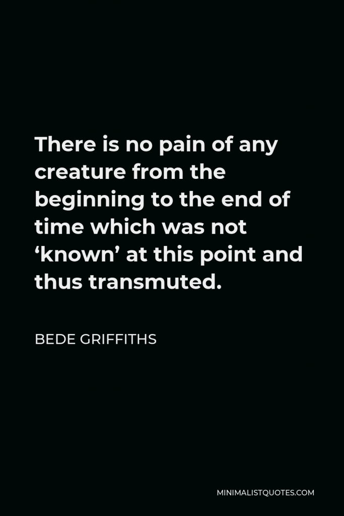 Bede Griffiths Quote - There is no pain of any creature from the beginning to the end of time which was not ‘known’ at this point and thus transmuted.