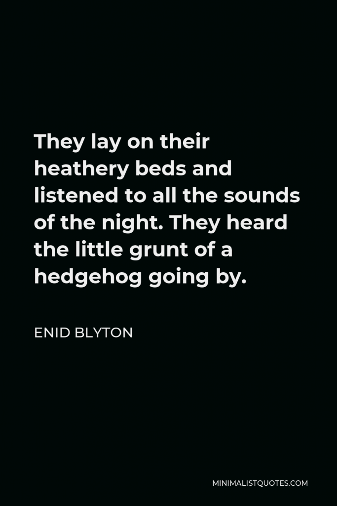 Enid Blyton Quote - They lay on their heathery beds and listened to all the sounds of the night. They heard the little grunt of a hedgehog going by.
