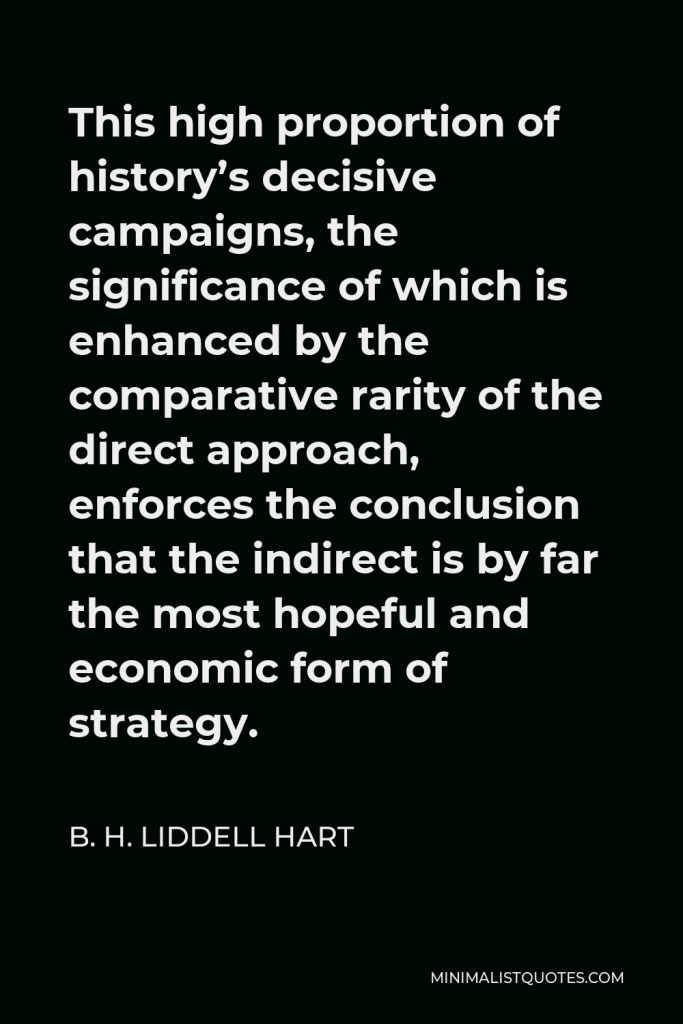 B. H. Liddell Hart Quote - This high proportion of history’s decisive campaigns, the significance of which is enhanced by the comparative rarity of the direct approach, enforces the conclusion that the indirect is by far the most hopeful and economic form of strategy.