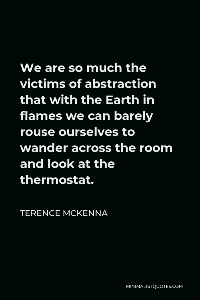 Terence McKenna Quote - We are so much the victims of abstraction that with the Earth in flames we can barely rouse ourselves to wander across the room and look at the thermostat.