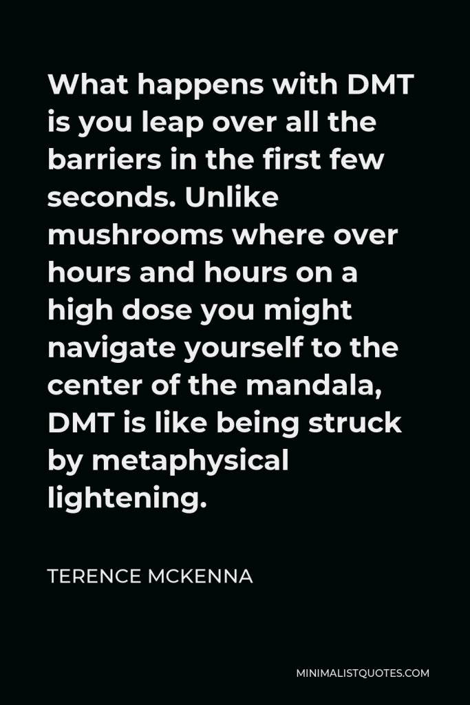 Terence McKenna Quote - What happens with DMT is you leap over all the barriers in the first few seconds. Unlike mushrooms where over hours and hours on a high dose you might navigate yourself to the center of the mandala, DMT is like being struck by metaphysical lightening.