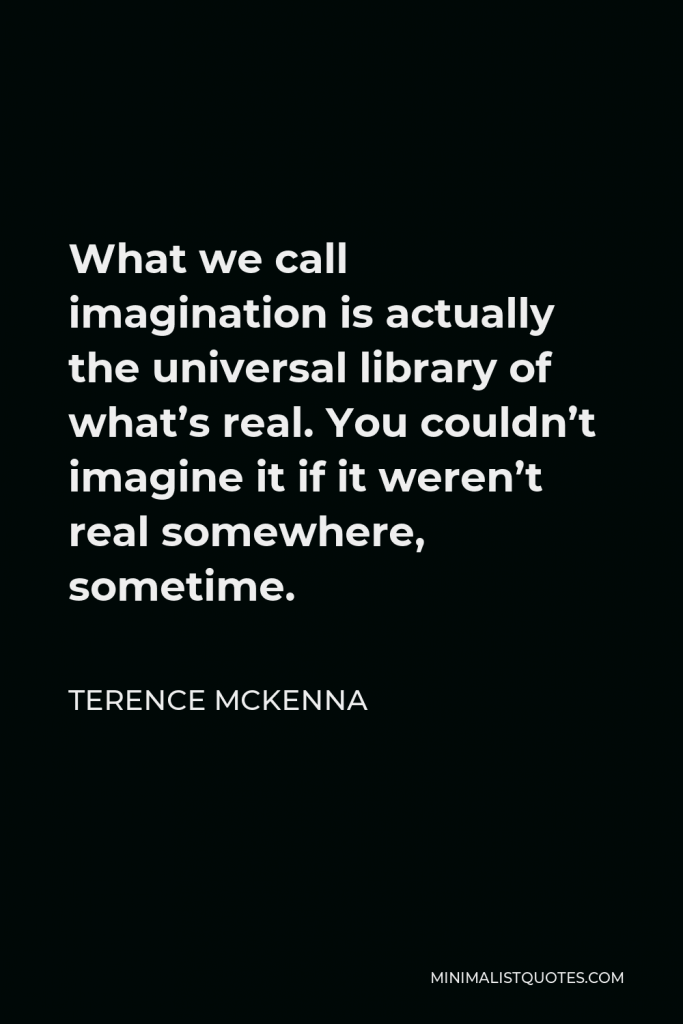 Terence McKenna Quote - What we call imagination is actually the universal library of what’s real. You couldn’t imagine it if it weren’t real somewhere, sometime.