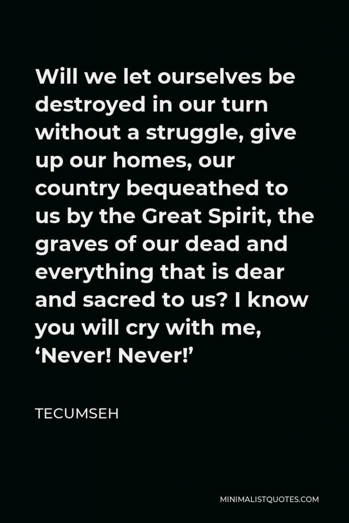 Tecumseh Quote - Will we let ourselves be destroyed in our turn without a struggle, give up our homes, our country bequeathed to us by the Great Spirit, the graves of our dead and everything that is dear and sacred to us? I know you will cry with me, ‘Never! Never!’