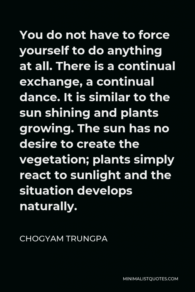 Chogyam Trungpa Quote - You do not have to force yourself to do anything at all. There is a continual exchange, a continual dance. It is similar to the sun shining and plants growing. The sun has no desire to create the vegetation; plants simply react to sunlight and the situation develops naturally.
