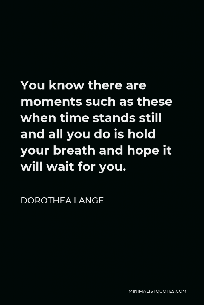 Dorothea Lange Quote - You know there are moments such as these when time stands still and all you do is hold your breath and hope it will wait for you.