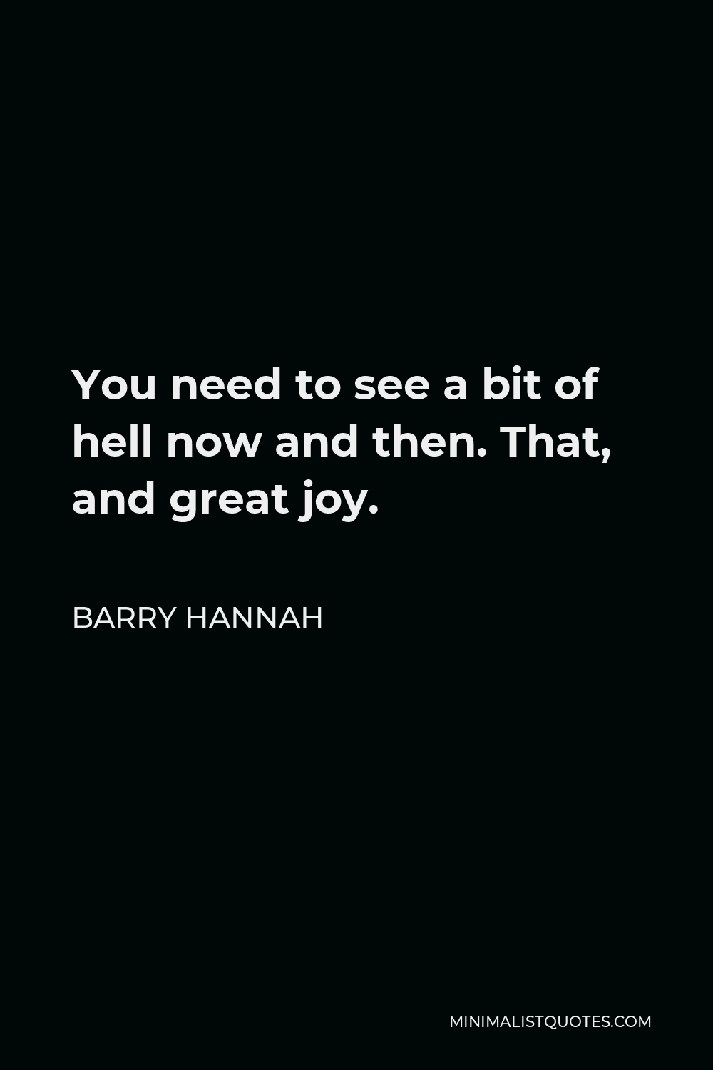 Barry Hannah Quote - You need to see a bit of hell now and then. That, and great joy.