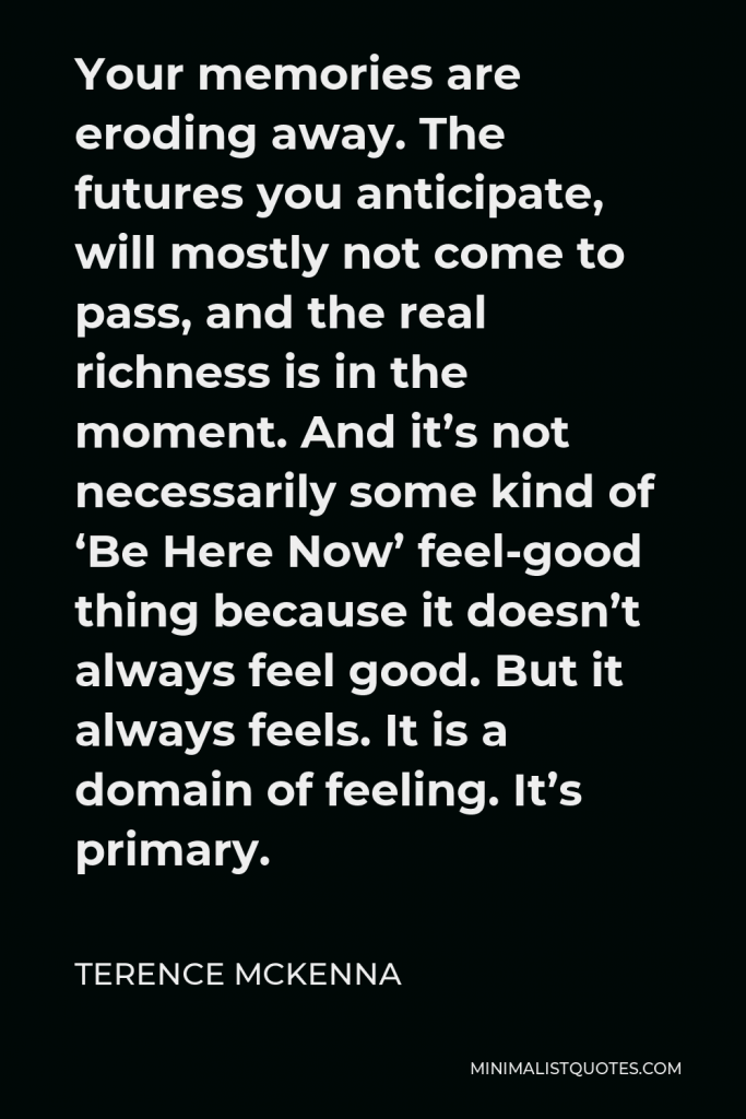 Terence McKenna Quote - Your memories are eroding away. The futures you anticipate, will mostly not come to pass, and the real richness is in the moment. And it’s not necessarily some kind of ‘Be Here Now’ feel-good thing because it doesn’t always feel good. But it always feels. It is a domain of feeling. It’s primary.