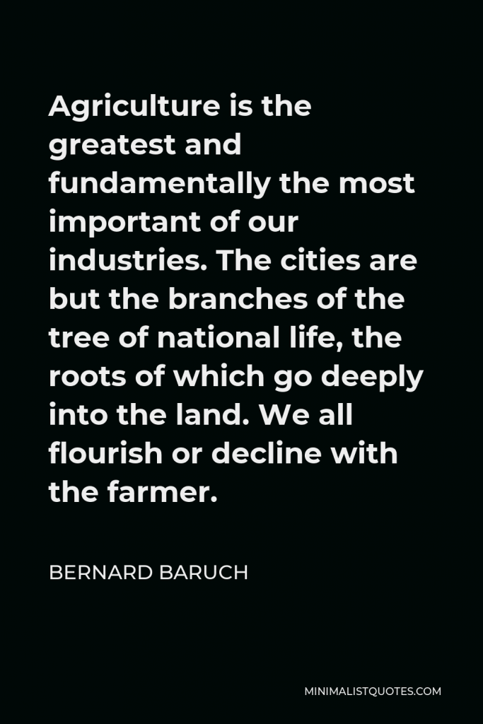 Bernard Baruch Quote - Agriculture is the greatest and fundamentally the most important of our industries. The cities are but the branches of the tree of national life, the roots of which go deeply into the land. We all flourish or decline with the farmer.