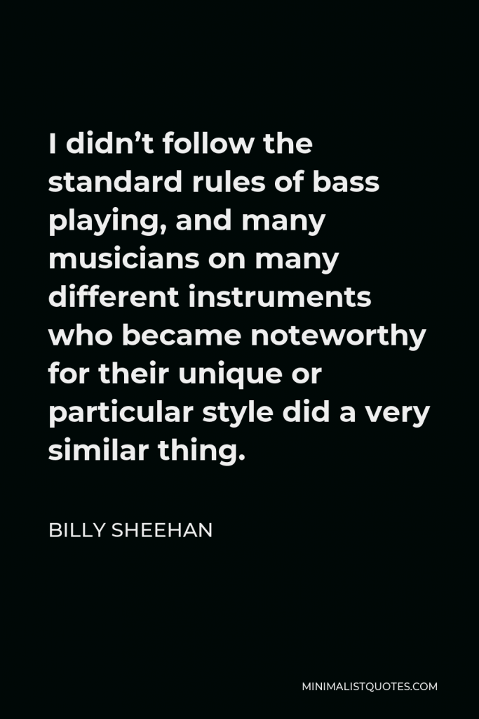 Billy Sheehan Quote - I didn’t follow the standard rules of bass playing, and many musicians on many different instruments who became noteworthy for their unique or particular style did a very similar thing.