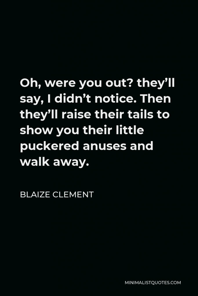 Blaize Clement Quote - Oh, were you out? they’ll say, I didn’t notice. Then they’ll raise their tails to show you their little puckered anuses and walk away.