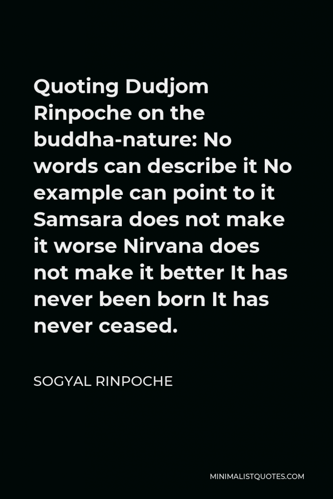 Sogyal Rinpoche Quote - Quoting Dudjom Rinpoche on the buddha-nature: No words can describe it No example can point to it Samsara does not make it worse Nirvana does not make it better It has never been born It has never ceased.
