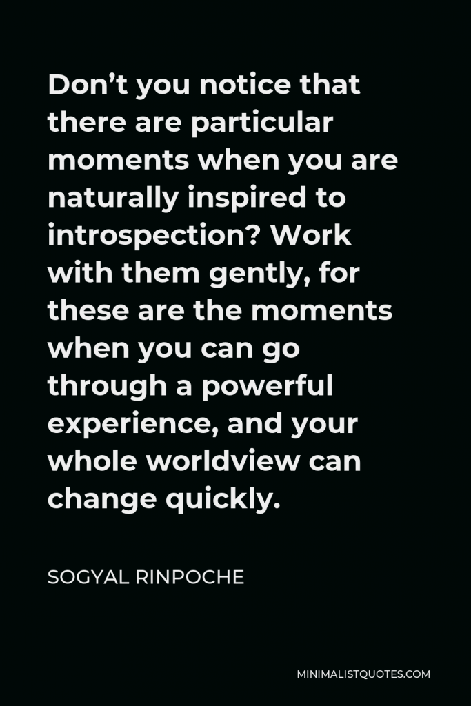 Sogyal Rinpoche Quote - Don’t you notice that there are particular moments when you are naturally inspired to introspection? Work with them gently, for these are the moments when you can go through a powerful experience, and your whole worldview can change quickly.