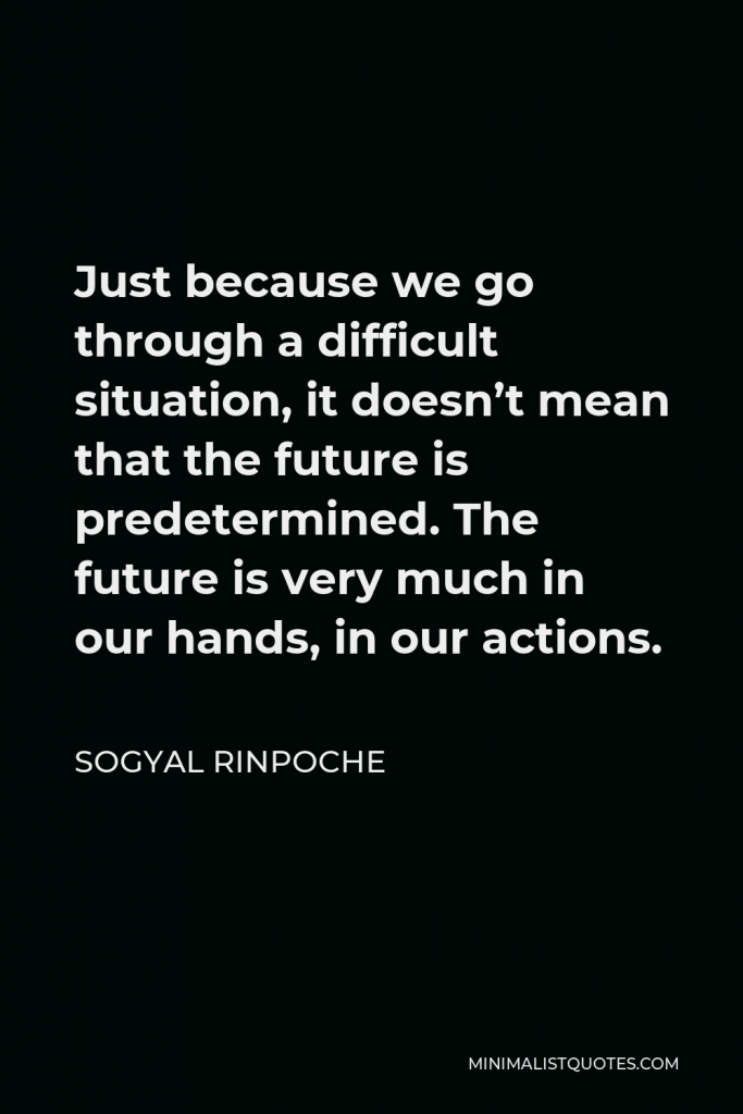 Sogyal Rinpoche Quote - Just because we go through a difficult situation, it doesn’t mean that the future is predetermined. The future is very much in our hands, in our actions.