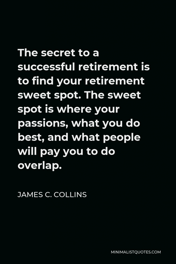 James C. Collins Quote - The secret to a successful retirement is to find your retirement sweet spot. The sweet spot is where your passions, what you do best, and what people will pay you to do overlap.